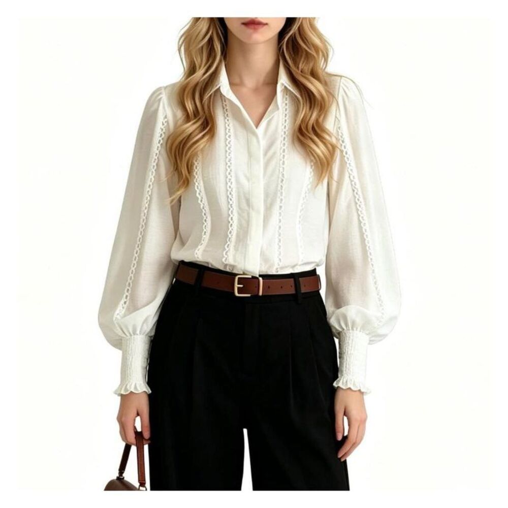 YESFASHION Women's Smocked Long Sleeve Collared Lace Blouse - White S